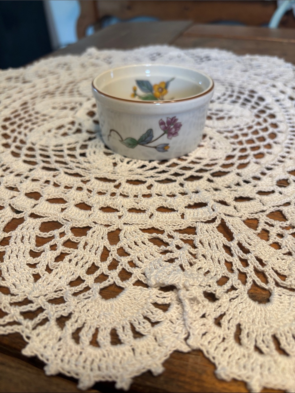 Hand-Painted Floral Ceramic Ramekin in White with Purple & Yellow Accents